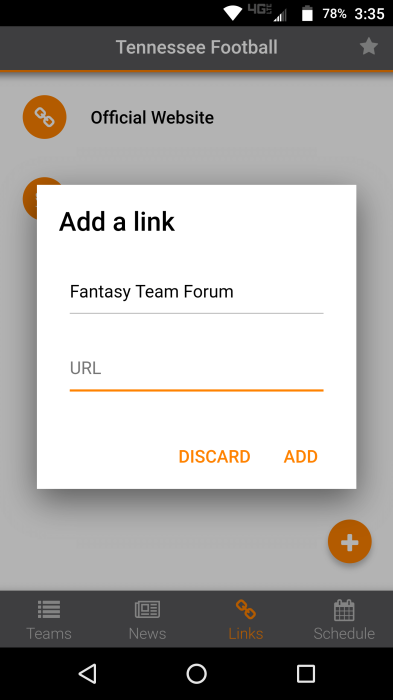 Fan Feed - Add Team Link